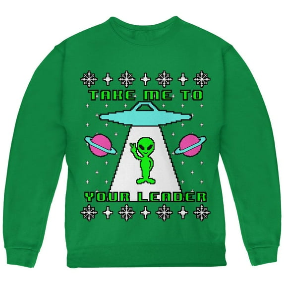 Alien Take Me to Your Leader Ugly Christmas Sweater Youth Sweatshirt Green YLG