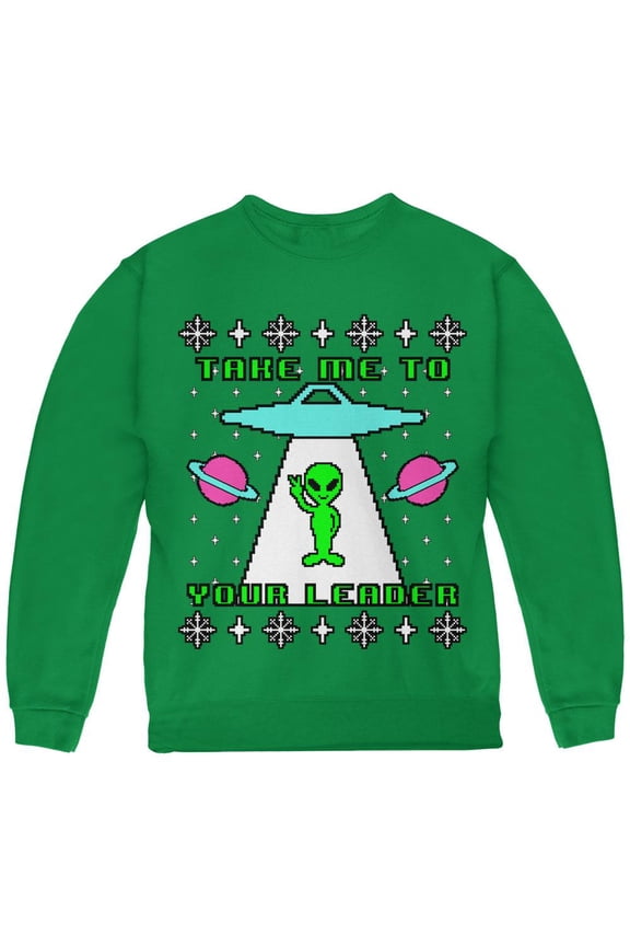 Alien Take Me to Your Leader Ugly Christmas Sweater Youth Sweatshirt Green YSM