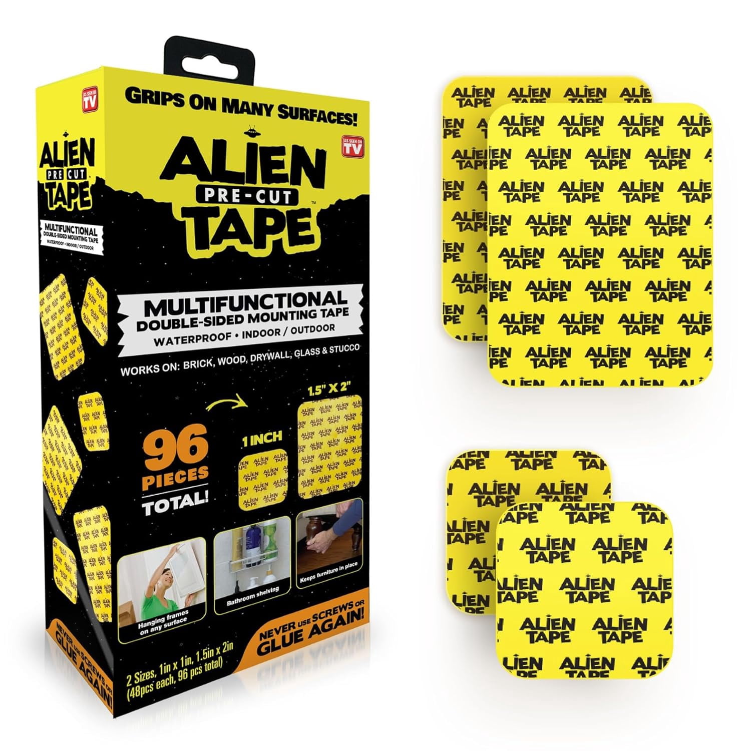 Pre Cut 96 Piece Set Double Sided Tape Multipurpose Removable Adhesive Transparent Grip Mounting Strips Washable Strong Sticky Heavy Duty for Carpet and Crafts