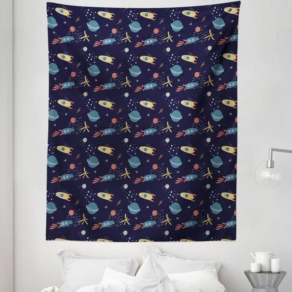 Alien Tapestry, Composition of Stars Rockets Planets in Soft Tones, Fabric Wall Hanging Decor for Bedroom Living Room Dorm, 5 Sizes, Multicolor, by Ambesonne