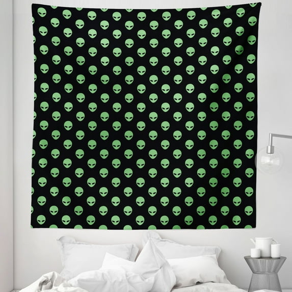 Alien Tapestry, Supernatural Martiansal Beings from Other Planets Head of an Alien, Fabric Wall Hanging Decor for Bedroom Living Room Dorm, 5 Sizes, Fern Green Black, by Ambesonne