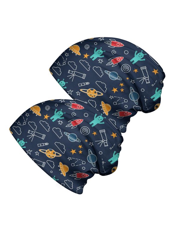 Alien Telescope Deep Blue Pattern 2 Pack Slouchy Beanie Hat, Outdoor Running Hat with Stretchy Fabric & Soft Texture, Lightweight Flexible Gifts for Daily Home Outdoor