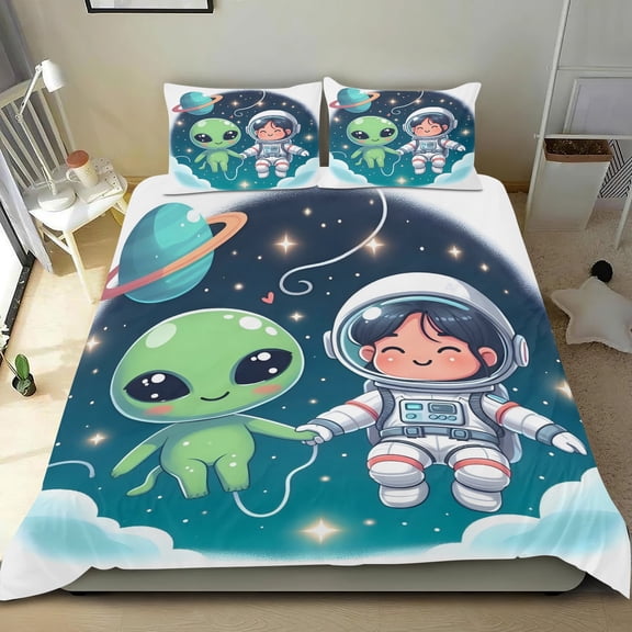 Alien Themed Bed Sheet Set Three Piece Set 53x79 Inches Comfortable And Skin Friendly Unique Design Creating A Star Studded Night