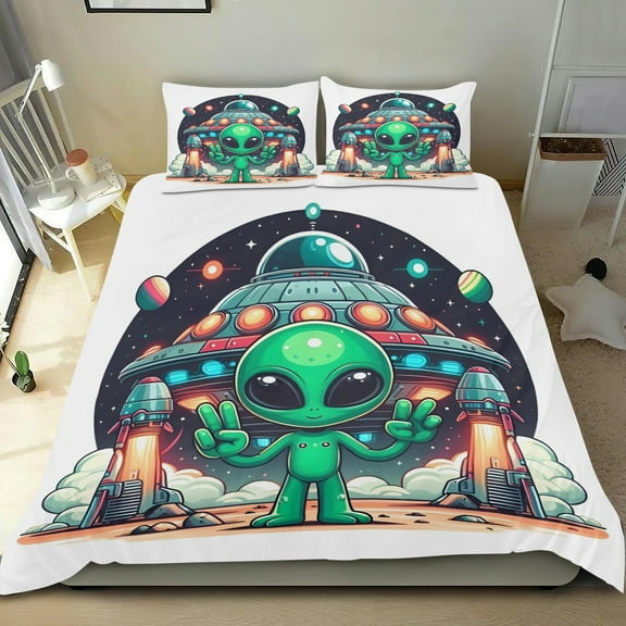 Alien Themed Bed Sheet Set Three Piece Set 53x79 Inches Comfortable And Skin Friendly Unique Design Creating A Star Studded Night