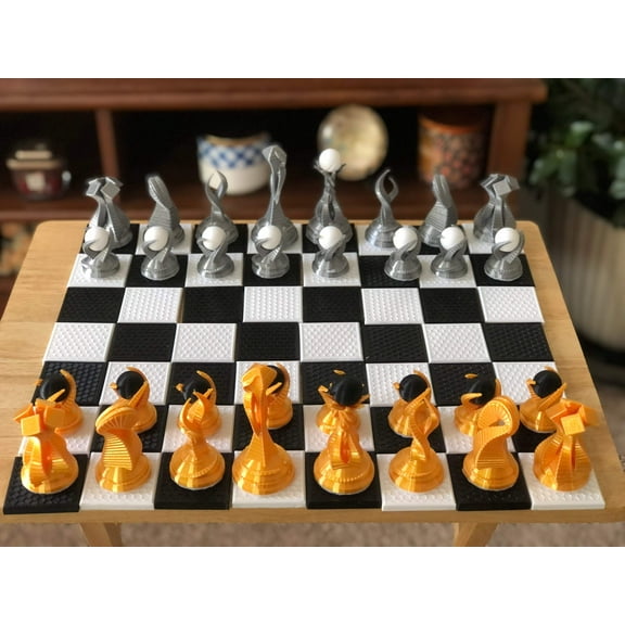 Alien Themed Chess Set  Beautifully designed pieces for an exotic out-of-this-world spin to a beloved game of chess  Silk Gold  Silk Silver With White  Black Jewels - (board not included) - Znet3D