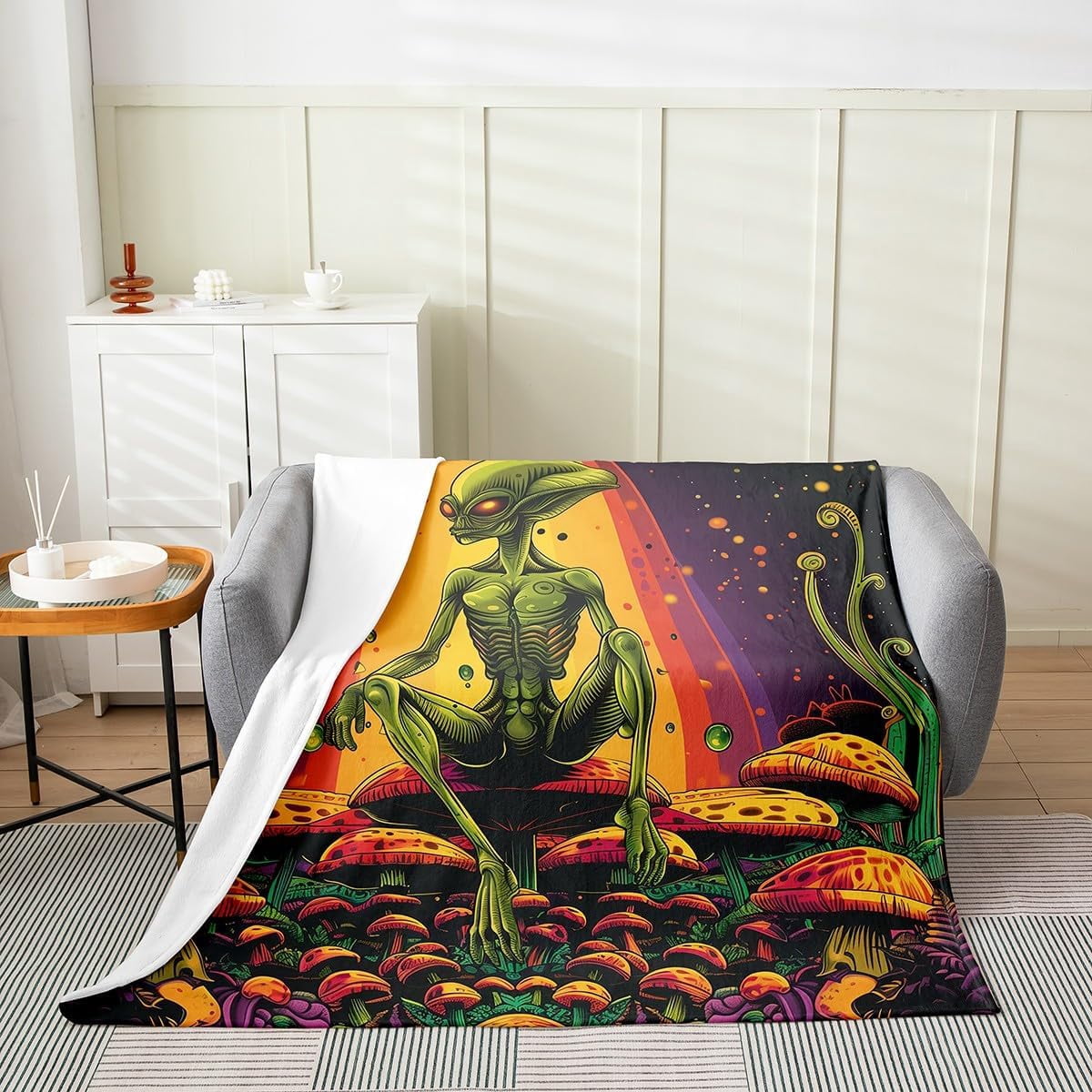 Alien Throw Blanket Cartoon Mushroom Jungle Natural Plants Flannel ...