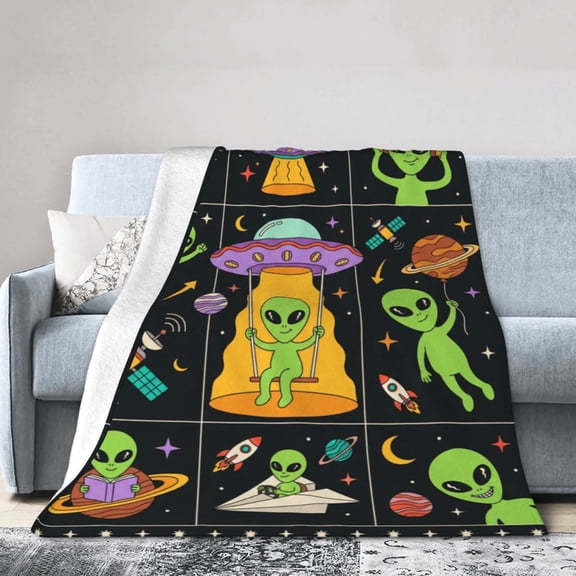 Alien Throw Blanket, Cozy Warm Novelty Extraterrestrial Pattern, Soft Flannel for Bed Sofa 50x40