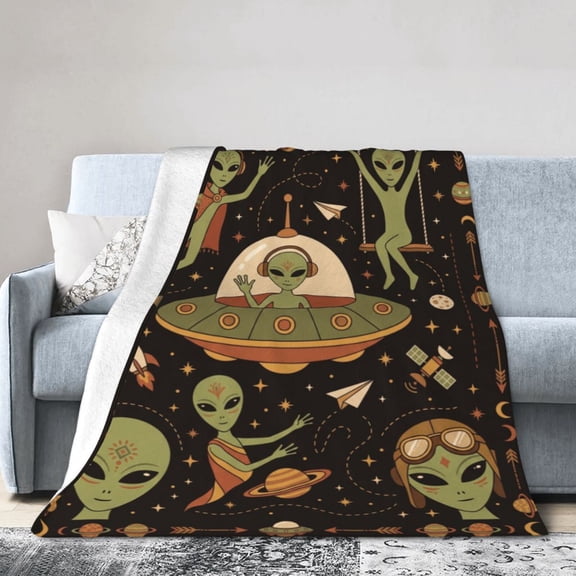 Alien Throw Blanket, Novelty Extraterrestrial Graphic Pattern, Soft Warm Cozy Plush Flannel Blanket for Living Room Couch Bed Sofa 50x40