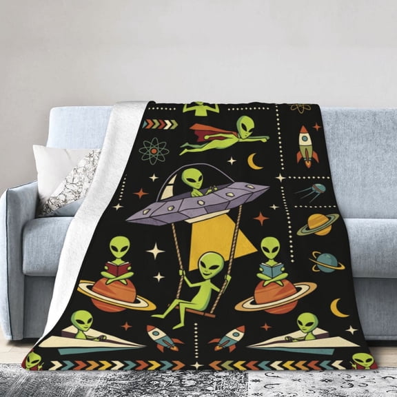 Alien Throw Blanket, Novelty Extraterrestrial Graphic Pattern, Soft Warm Cozy Plush Flannel Blanket for Living Room Couch Bed Sofa 50x40