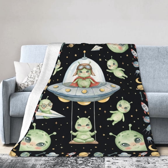 Alien Throw Blanket, Novelty Extraterrestrial Graphic Pattern, Soft Warm Cozy Plush Flannel Blanket for Living Room Couch Bed Sofa 50x40