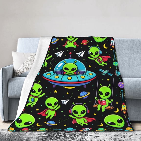 Alien Throw Blanket, Novelty Extraterrestrial Graphic Pattern, Soft Warm Cozy Plush Flannel Blanket for Living Room Couch Bed Sofa 50x40