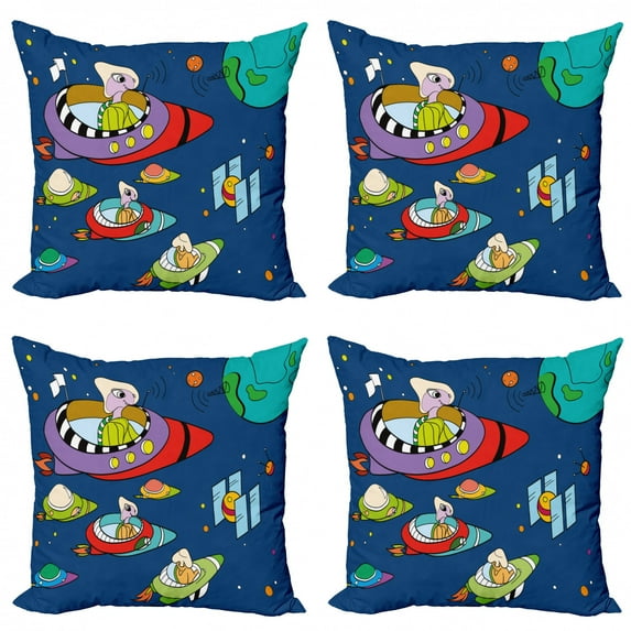 Alien Throw Pillow Cushion Case Pack of 4, Cartoon Style Illustration of Planets Spaceships with Funny Creatures, Modern Accent Double-Sided Print, 4 Sizes, Night Blue Multicolor, by Ambesonne