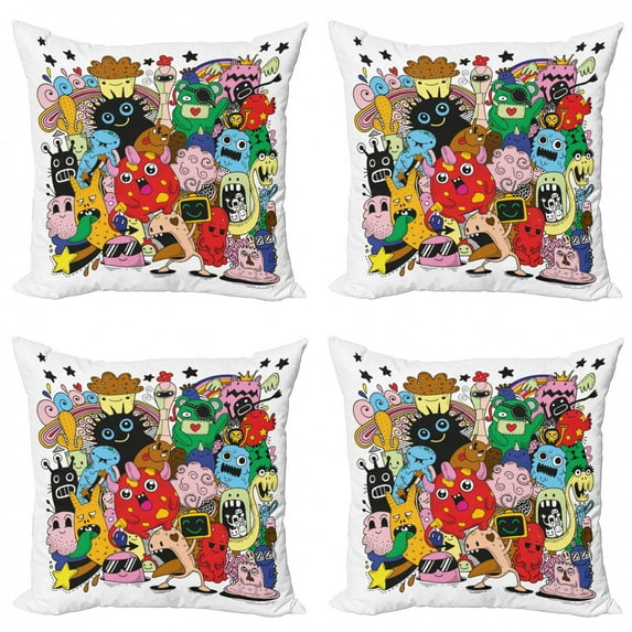 Alien Throw Pillow Cushion Case Pack of 4, Colorful and Whimsical Monstrous Creatures in Doodle Humorous Childish Characters, Modern Accent Double-Sided Print, 4 Sizes, Multicolor, by Ambesonne