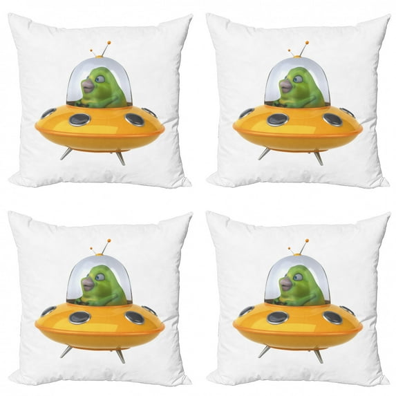 Alien Throw Pillow Cushion Case Pack of 4, Funny Monster in a Spaceship Traveling Galaxies Digital Graphic, Modern Accent Double-Sided Print, 4 Sizes, Pale Orange Olive Green, by Ambesonne