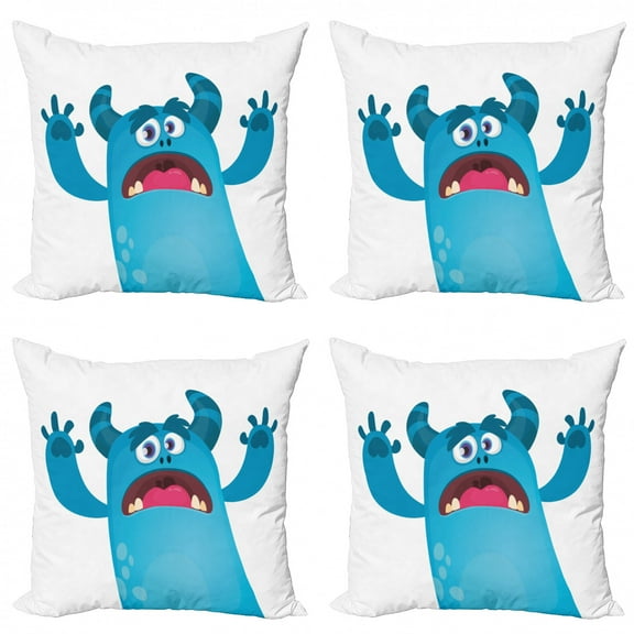 Alien Throw Pillow Cushion Case Pack of 4, Roaring Monstrous Character on Plain Background, Modern Accent Double-Sided Print, 4 Sizes, Sea Blue White, by Ambesonne