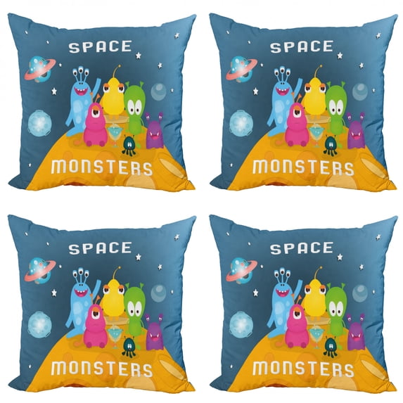 Alien Throw Pillow Cushion Case Pack of 4, Space Monsters Calligraphy and Colorful Bizarre Beings on the Moon, Modern Accent Double-Sided Print, 4 Sizes, Slate Blue Multicolor, by Ambesonne