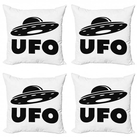 Alien Throw Pillow Cushion Case Pack of 4, UFO Lettering Unidentified Flying Object Monochrome Simplistic Pattern, Modern Accent Double-Sided Print, 4 Sizes, Charcoal Grey and White, by Ambesonne
