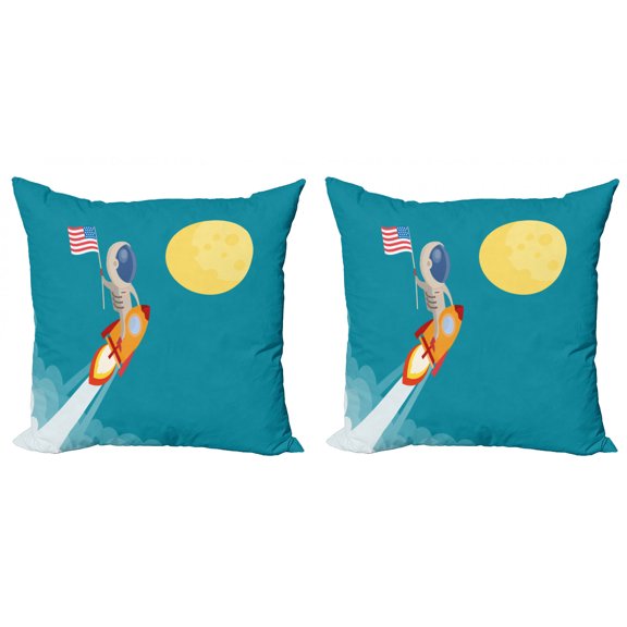 Alien Throw Pillow Cushion Cover Pack of 2, Cartoon of American Flag Held by Astronaut Riding a Rocket to the Moon, Zippered Double-Side Digital Print, 4 Sizes, Sea Blue and Multicolor, by Ambesonne