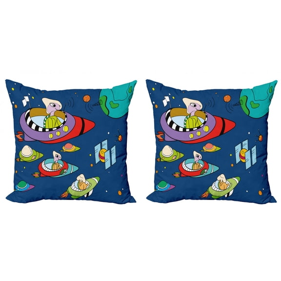 Alien Throw Pillow Cushion Cover Pack of 2, Cartoon Style Illustration of Planets Spaceships with Funny Creatures, Zippered Double-Side Digital Print, 4 Sizes, Night Blue Multicolor, by Ambesonne