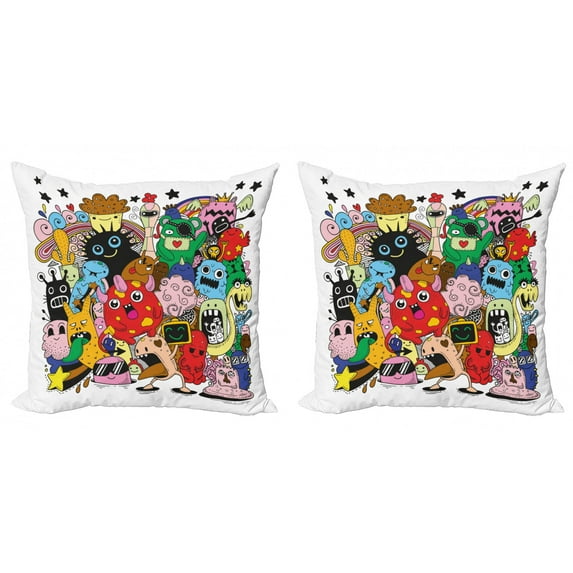 Alien Throw Pillow Cushion Cover Pack of 2, Colorful and Whimsical Monstrous Creatures in Doodle Humorous Childish Characters, Zippered Double-Side Digital Print, 4 Sizes, Multicolor, by Ambesonne