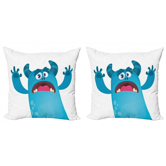 Alien Throw Pillow Cushion Cover Pack of 2, Roaring Monstrous Character on Plain Background, Zippered Double-Side Digital Print, 4 Sizes, Sea Blue White, by Ambesonne