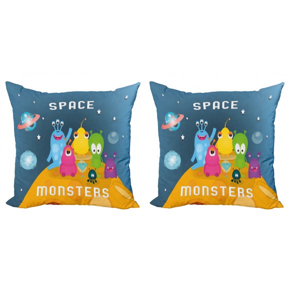 Alien Throw Pillow Cushion Cover Pack of 2, Space Monsters Calligraphy and Colorful Bizarre Beings on the Moon, Zippered Double-Side Digital Print, 4 Sizes, Slate Blue Multicolor, by Ambesonne