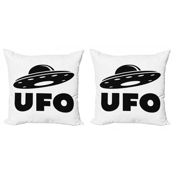 Alien Throw Pillow Cushion Cover Pack of 2, UFO Lettering Unidentified Flying Object Monochrome Simplistic Pattern, Zippered Double-Side Digital Print, 4 Sizes, Charcoal Grey and White, by Ambesonne