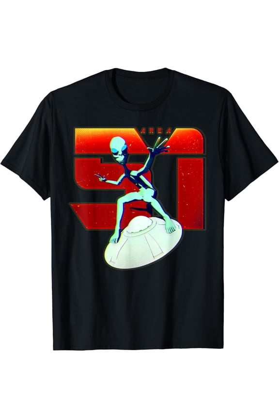 Alien UFO 51 Area Green Man Surfing a Flying Saucer Graphic T-Shirt