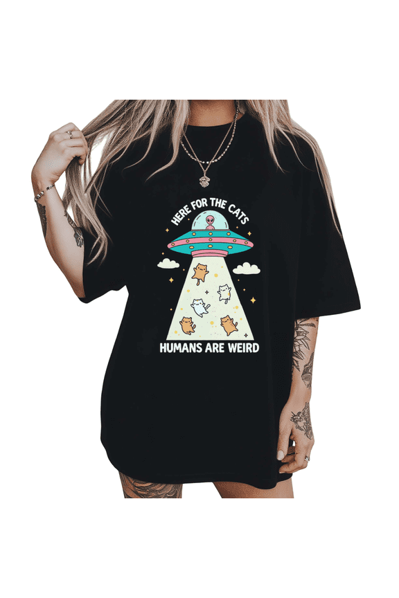 Alien UFO Abducting Cats Print Tshirt Black S-5XL Playful Humans Are Weird Graphic Tees Shirts Tops