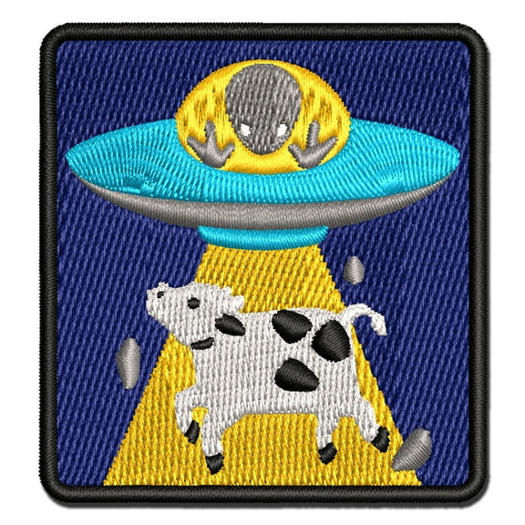 Alien UFO Abducting a Cow Applique Multi-Color Embroidered Iron-On Patch - 3 Inch Medium