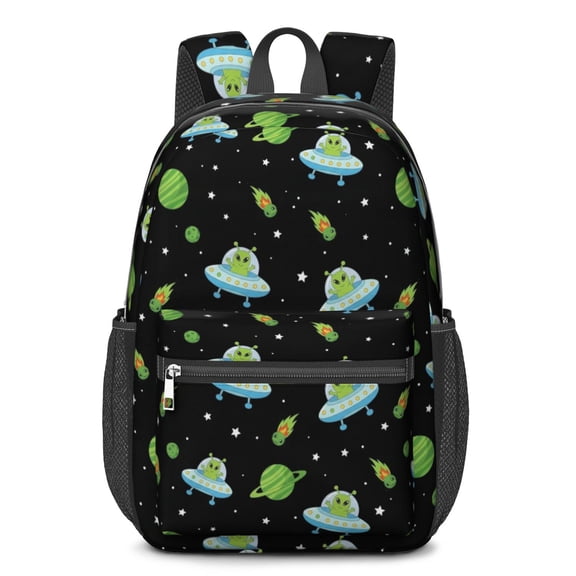 Alien UFO Black Pattern 17" School Backpacks for Teens,Waterproof Oxford Fabric,S-Shape Padded Straps for School,Travel,Hiking,Camping