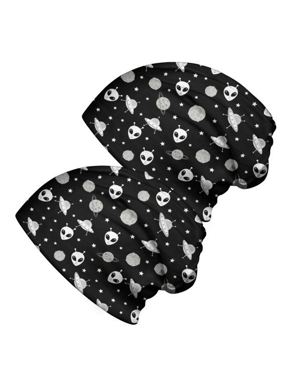 Alien and UFO Black Pattern 2 Pack Slouchy Beanie Hat, Sleep Head Cover with Stretchy Fabric & Soft Texture, Heat Retaining Gifts for Daily Home Outdoor