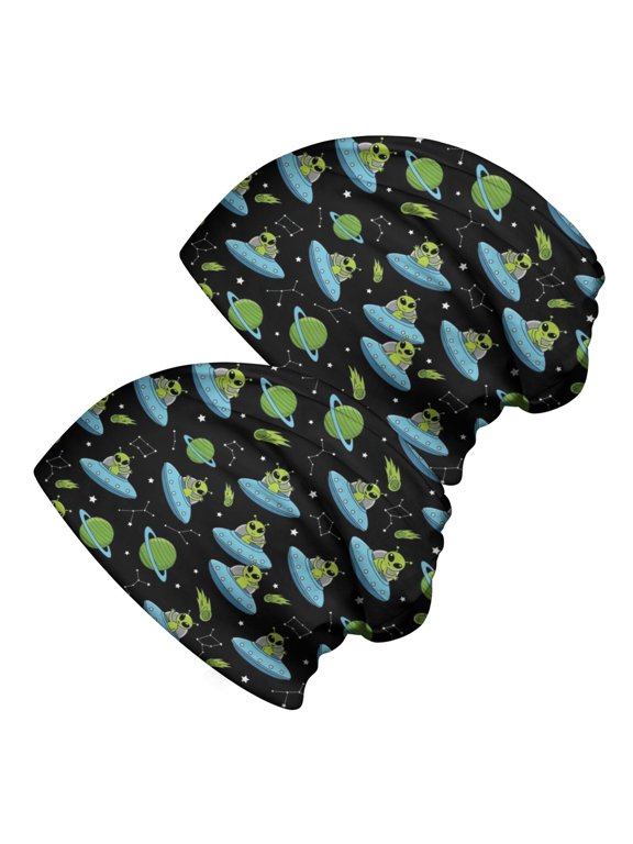 Alien and UFO Black Pattern 2 Pack Slouchy Beanie Hat, Warm Winter Skull Cap with Stretchy Fabric & Soft Texture, Heat Retaining Gifts for Daily Home Outdoor