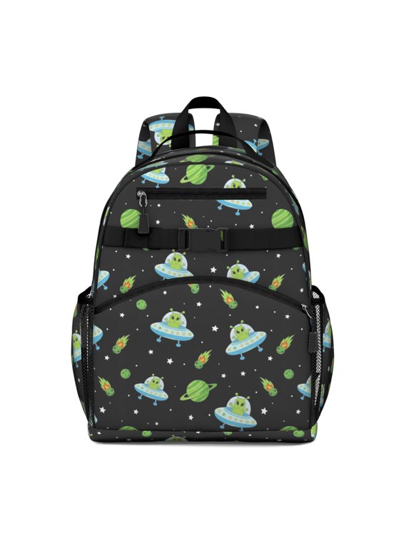 Alien UFO Black Pattern Backpack for School, Cute School Bag with Adjustable Shoulder Straps and Padded Back, 15.25"x11.5"x5.25"
