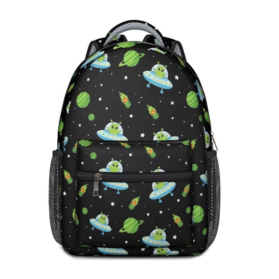 Alien UFO Black Pattern Backpack for School, Cute School Bag with Adjustable Shoulder Straps and Padded Back, 15.3"x11"x6.7"