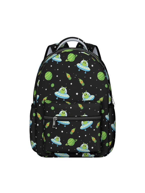 Alien UFO Black Pattern Backpack for School, Cute School Bag with Adjustable Shoulder Straps and Padded Back, 15.3"x11"x7.1"