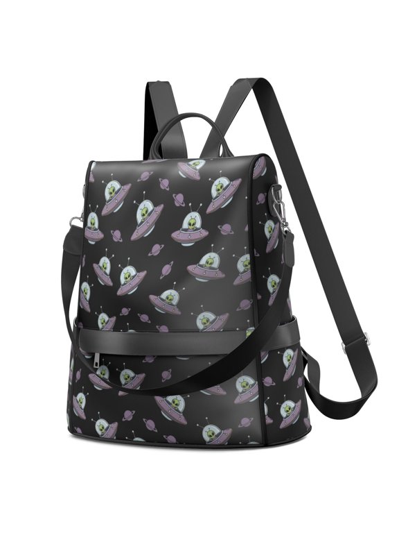 Alien UFO Black Pattern Fashion Backpack, Convertible Shoulder Bag with Side Bottle Pockets & Convertible Strap, Water Repellent Polyester Gifts for Women Casual Use