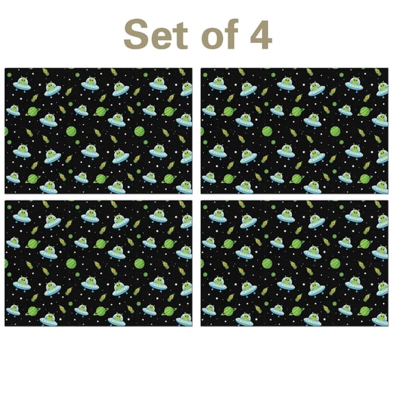Alien UFO Black Pattern Linen-look Placemats Set Of 4, Restaurant Dinner Mats Heat Resistant Gift Ideas for Housewarming Holiday Gifts,11.8" X 17.7"