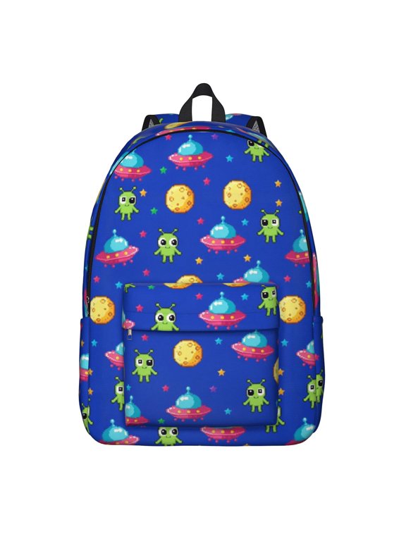 Alien UFO Bright Blue Pattern Backpack for School, Cute School Bag with Adjustable Shoulder Straps and Padded Back, 15.7"x11.8"x5.5"