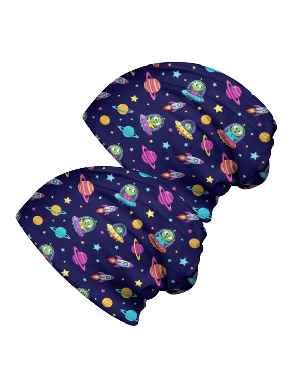 Alien UFO Deep Blue Pattern 2 Pack Slouchy Beanie Hat, Casual Daily Beanie with Stretchy Fabric & Soft Texture, Warm Thermal Gifts for Unisex Men Women