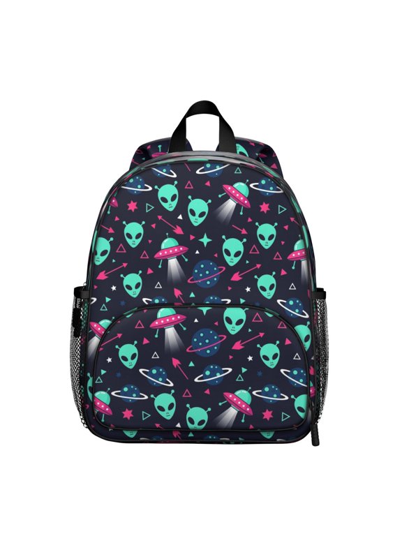 Alien UFO Deep Blue Pattern Backpack for School, Cute School Bag with Adjustable Shoulder Straps and Padded Back, 13.8"x11.4"x6"