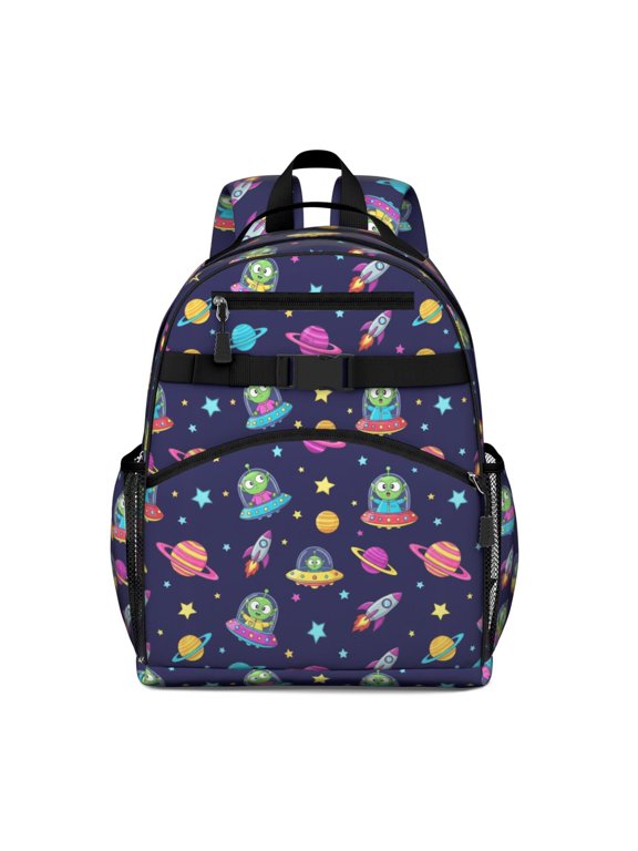 Alien UFO Deep Blue Pattern Backpack for School, Cute School Bag with Adjustable Shoulder Straps and Padded Back, 15.25"x11.5"x5.25"