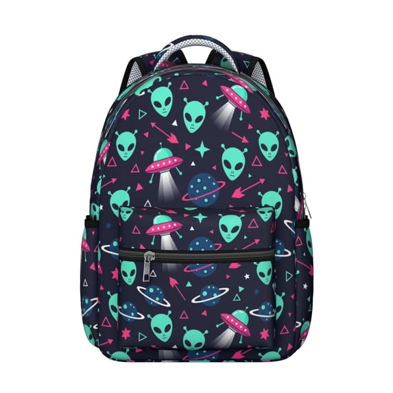Alien UFO Deep Blue Pattern Backpack for School, Cute School Bag with Adjustable Shoulder Straps and Padded Back, 15.3"x11"x7.1"