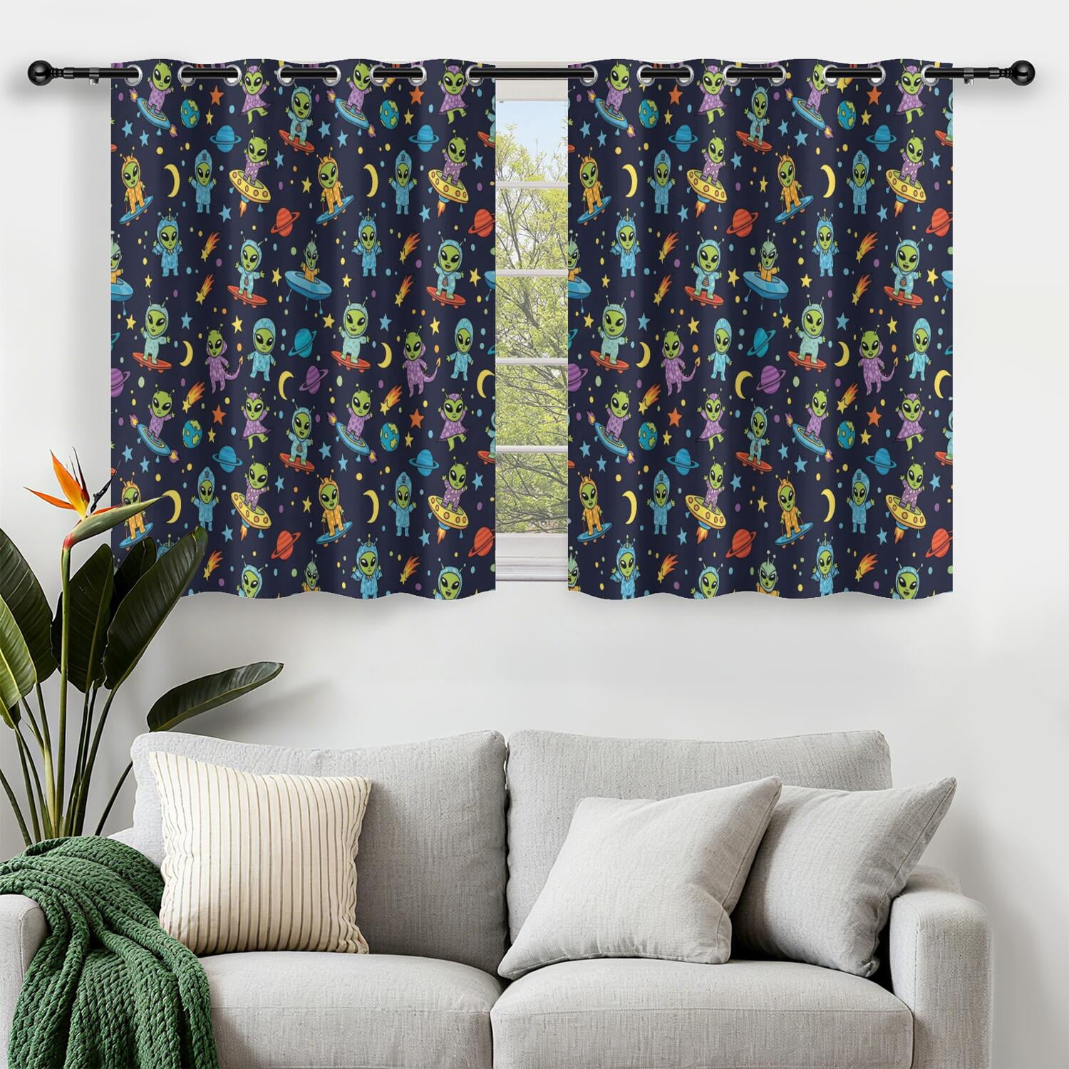 Alien UFO Deep Blue Pattern Blackout Curtains,Triple Weaved Fabric ...