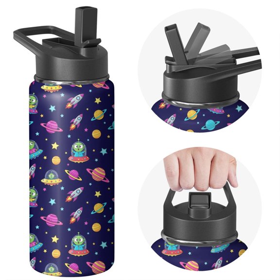 Alien UFO Deep Blue Pattern Insulated Water Bottle with Straw, Vacuum Insulated Double Wall Travel Water Bottle 304 Stainless Steel Inner Liner Gifts Ideas for Teens Adults Office Workers Teachers