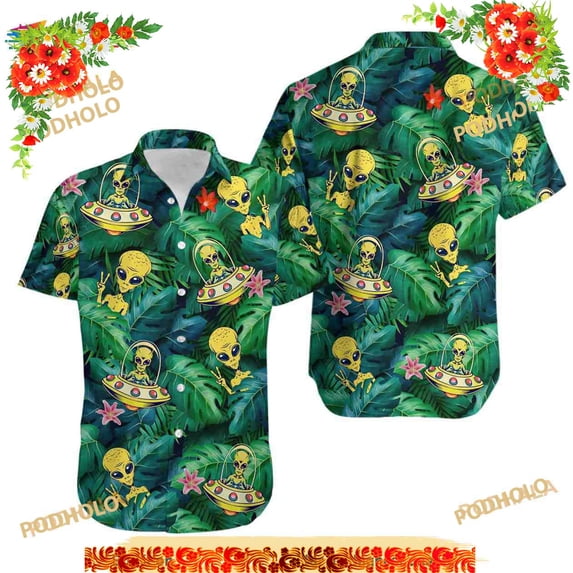 Alien UFO Funny Hawaiian Shirt, Alien Pattern Aloha Shirt