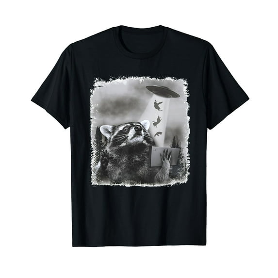 Alien UFO Funny Raccoon Taking Selfie Trash Panda Racoon Cotton T-Shirt Black