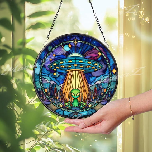 Alien UFO Glass Suncatcher, Sci-Fi Window Decor, 6.3 in