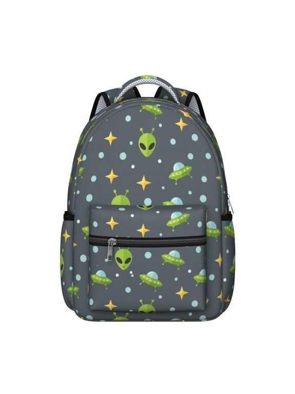 Alien UFO Medium Gray Pattern Backpack for School, Cute School Bag with Adjustable Shoulder Straps and Padded Back, 15.3"x11"x7.1"
