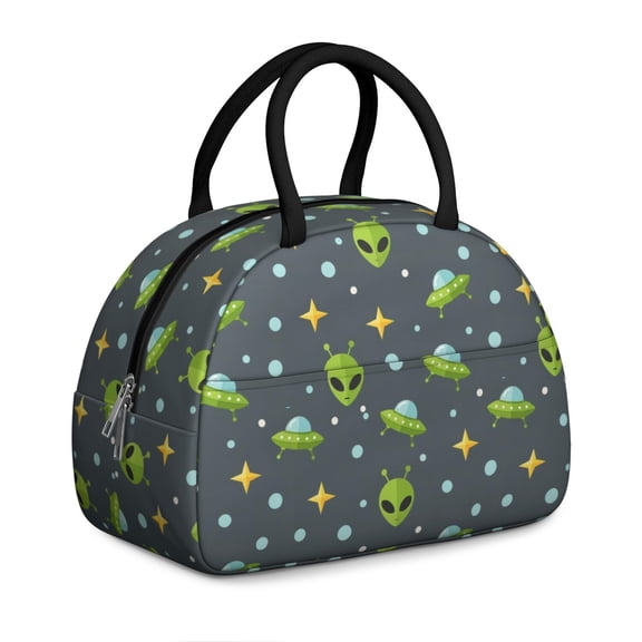 Alien UFO Medium Gray Pattern Insulated Lunch Bag,Leakproof Large Capacity Lunch Box for Work,Picnic or Travel,11.4 X 6.7 X 8.3 Inches